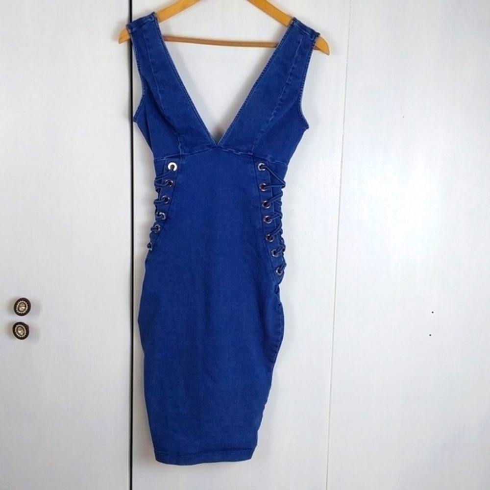 C'est Toi Denim Mini Dress Deep V Side lace up grommets Edgy sexy Sz.S